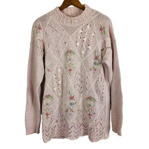 Vtg Laura Gayle Floral Embroidered Knit Sweater Sz Large Floral Pink Ribbon